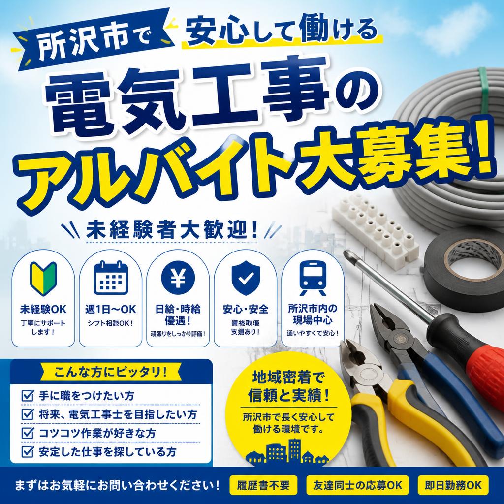 所沢市で安心して働ける電気工事のアルバイト大募集！