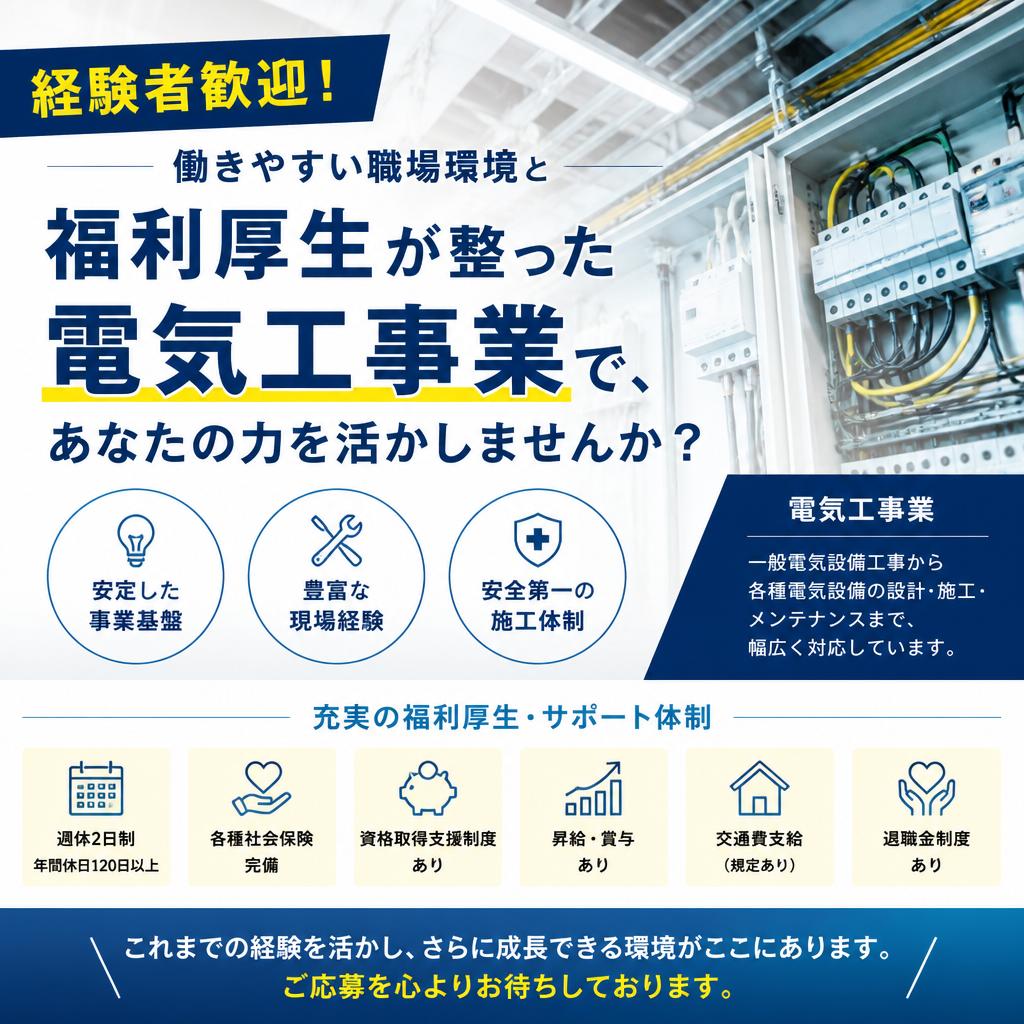 経験者歓迎！働きやすい職場環境と福利厚生が整った電気工事業で、あなたの力を活かしませんか？